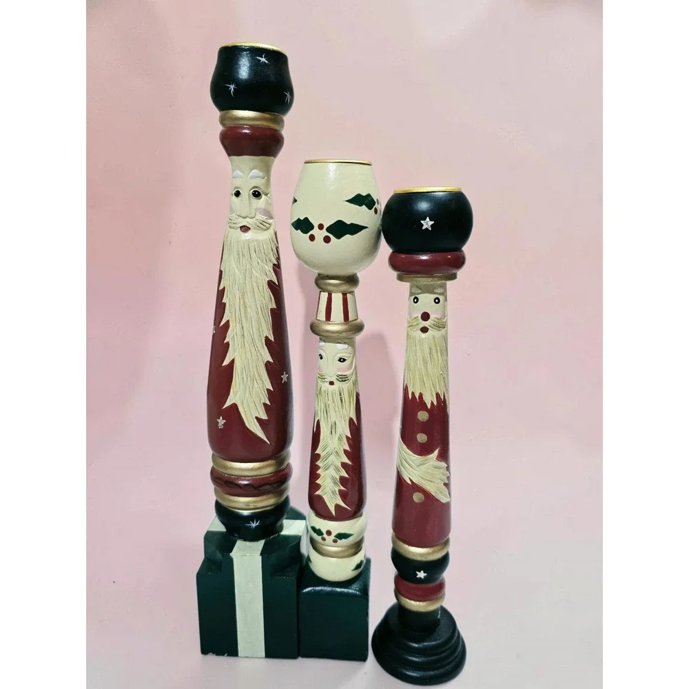 Set of 3 HOUSE OF LLOYD Christmas Around The World Wooden Candlestick Holders
